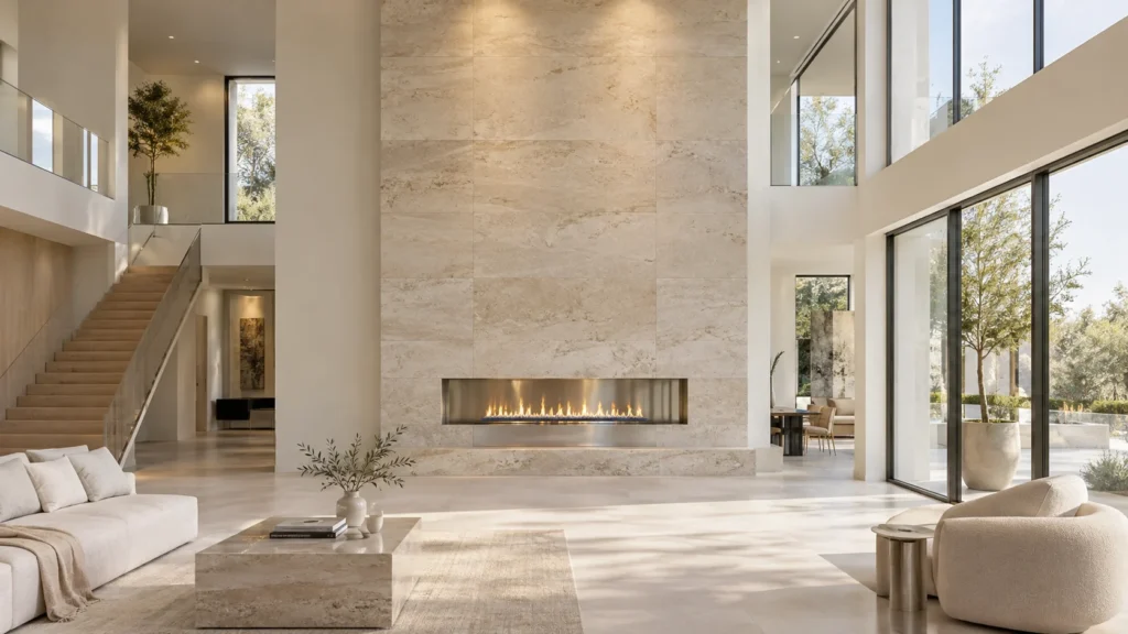 Double-height limestone living room with a recessed linear fireplace, pale seating and tall windows.