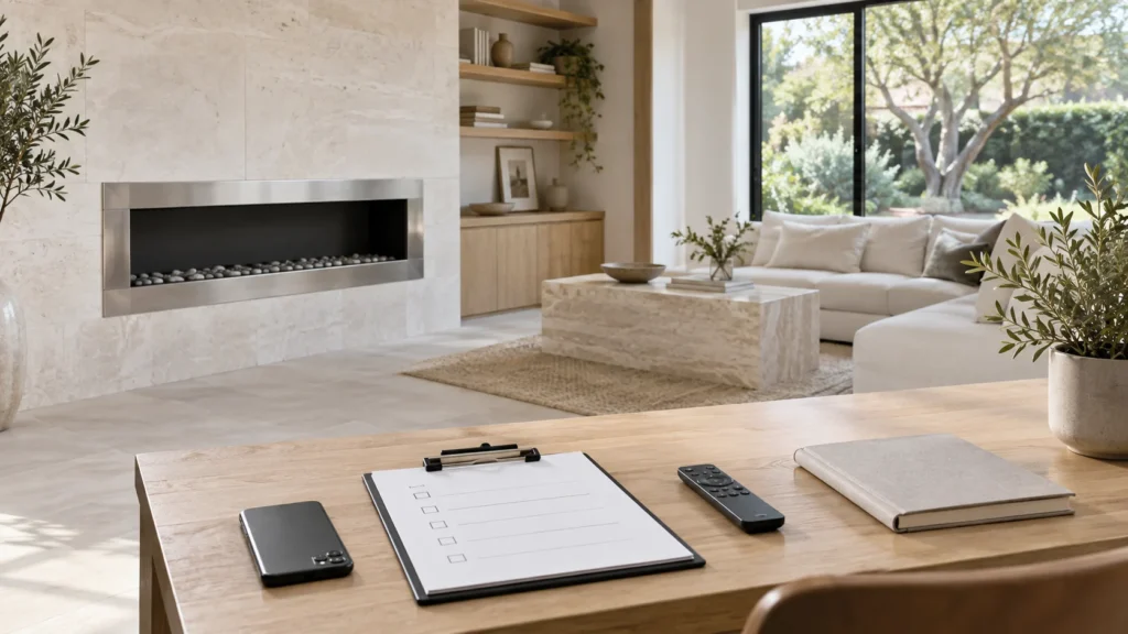 Clipboard, phone and remote on an oak desk in a bright room with an unlit fireplace.