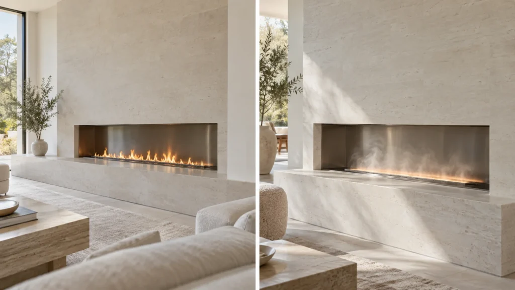 Two concept interiors comparing a small burning flame with a softly illuminated mist effect.