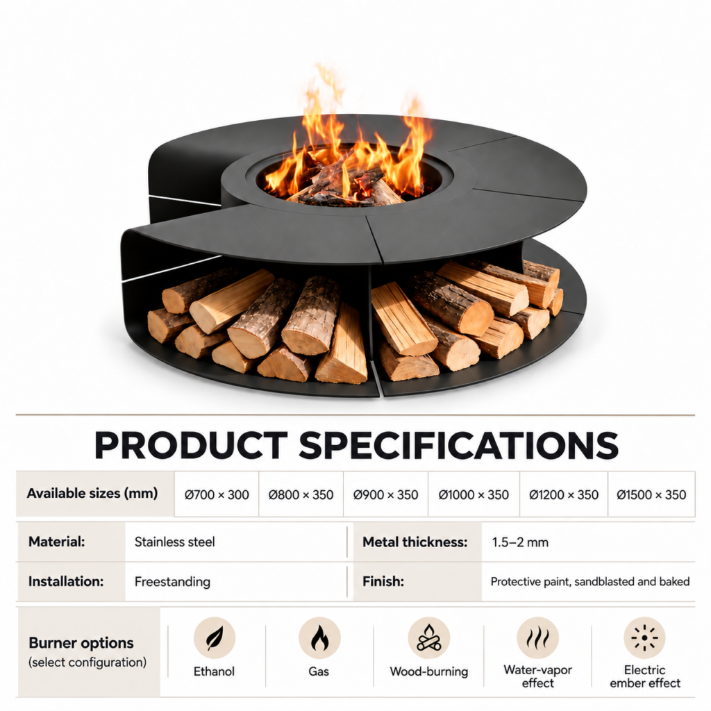Notched Round Fire Table with Log Storage — Product information; separate burner configurations