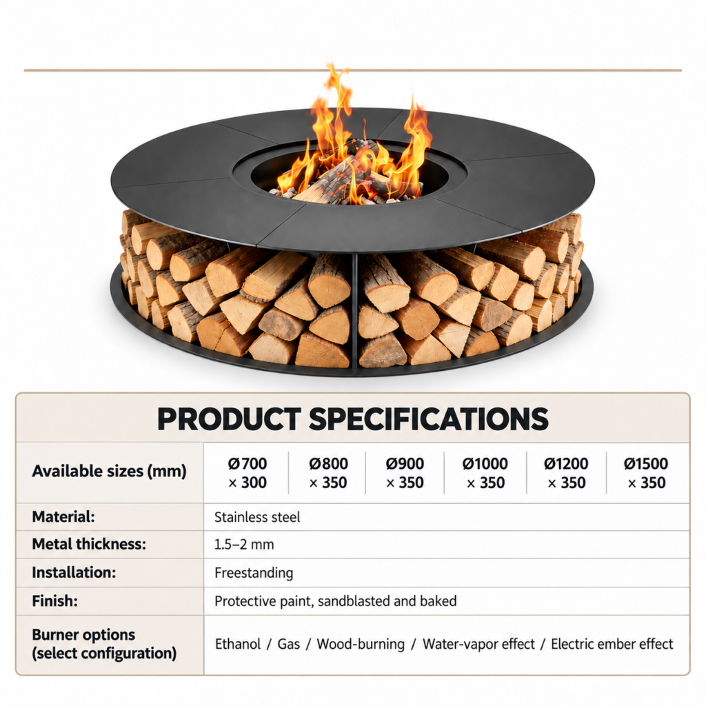 Round Fire Table with Log Storage — Product information; separate burner configurations