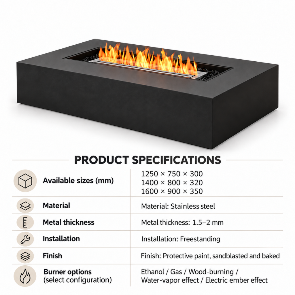 Rectangular Linear Fire Table — Product information; separate burner configurations