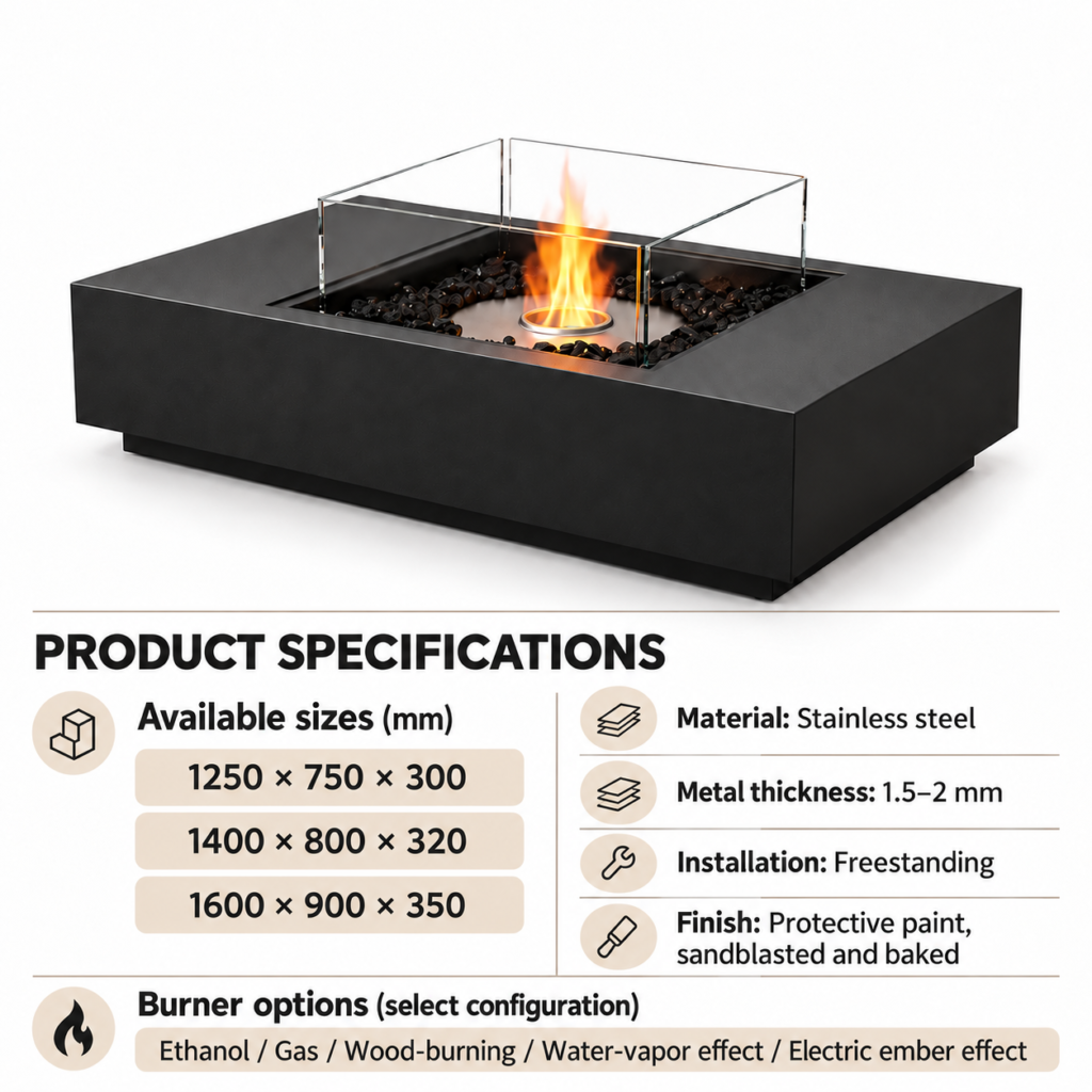 Rectangular Fire Table with Glass Wind Guard — Product information; separate burner configurations