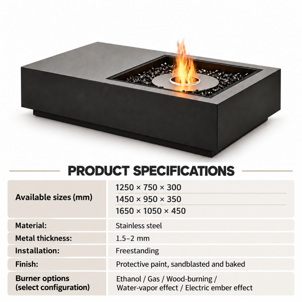 Offset-Burner Rectangular Fire Table — Product information; separate burner configurations