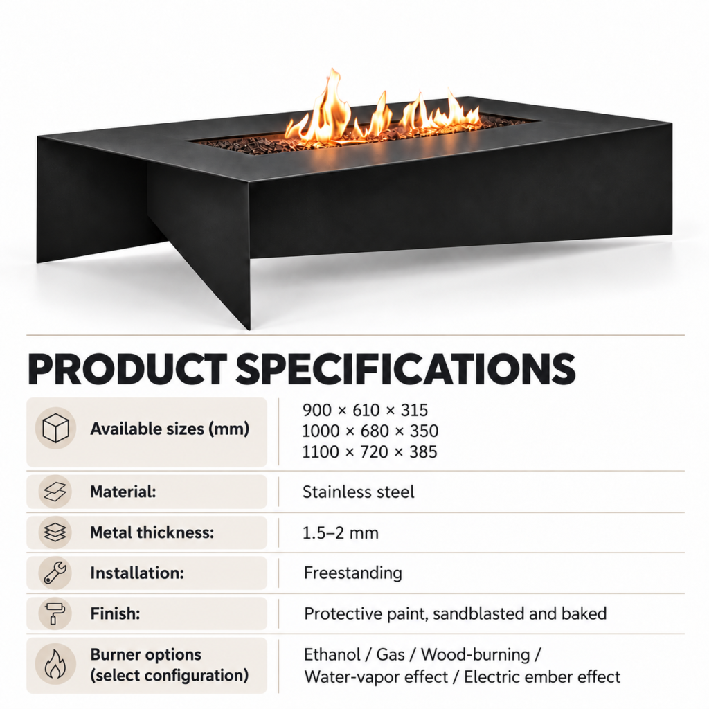 Cross-Base Rectangular Linear Fire Table — Product information; separate burner configurations
