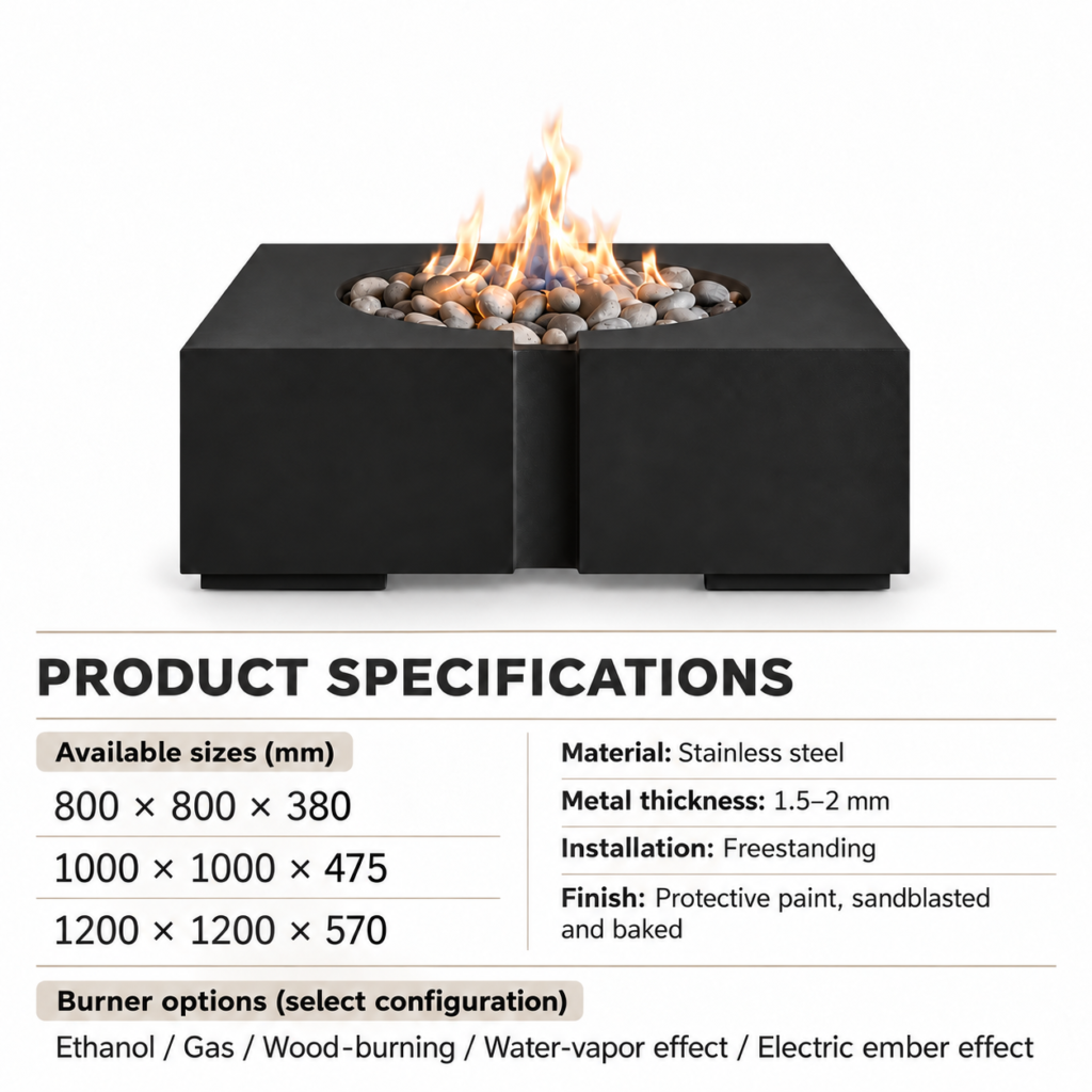 Split-Front Square Fire Table — Product information; separate burner configurations