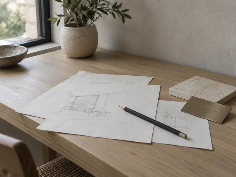 مساحة عمل معمارية مولّدة بالذكاء الاصطناعي، تضم رسومات تخطيطية وقلم رصاص وعينات مواد في ضوء النهار الطبيعي