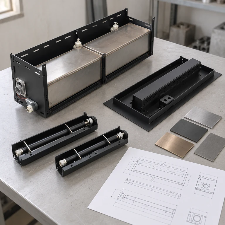 Burner components, metal finish samples and drawings on a workbench