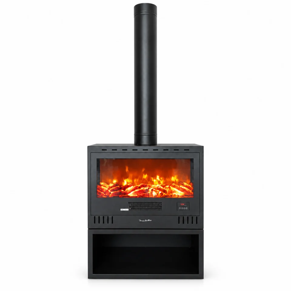 TLB Stove black freestanding electric fireplace stove, front product view on white