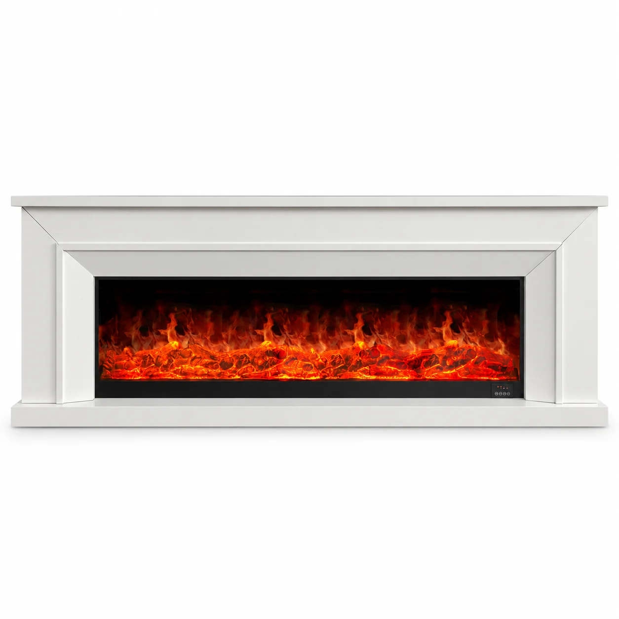 XH-DSG-028 white beveled linear electric fireplace console, front product view on white