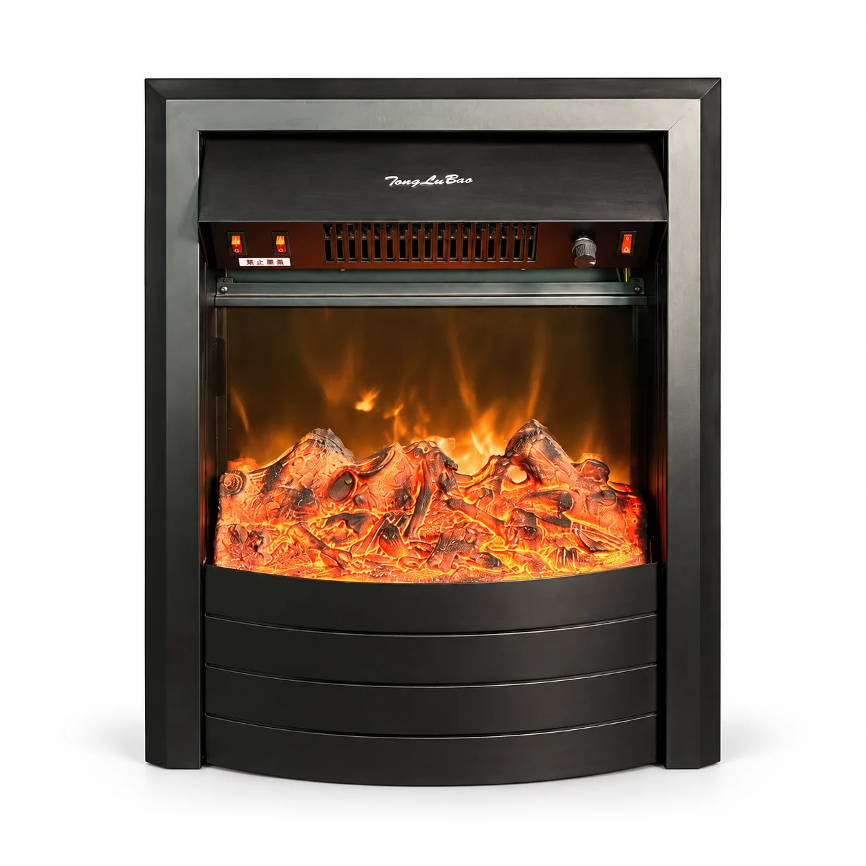 TLB-99B-9 curved-front electric fireplace insert, front product view on white