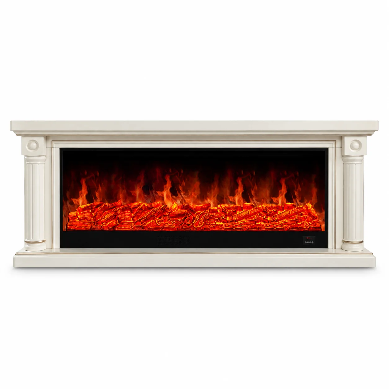 XH-DSG-031 white column-detail electric fireplace console, front product view on white