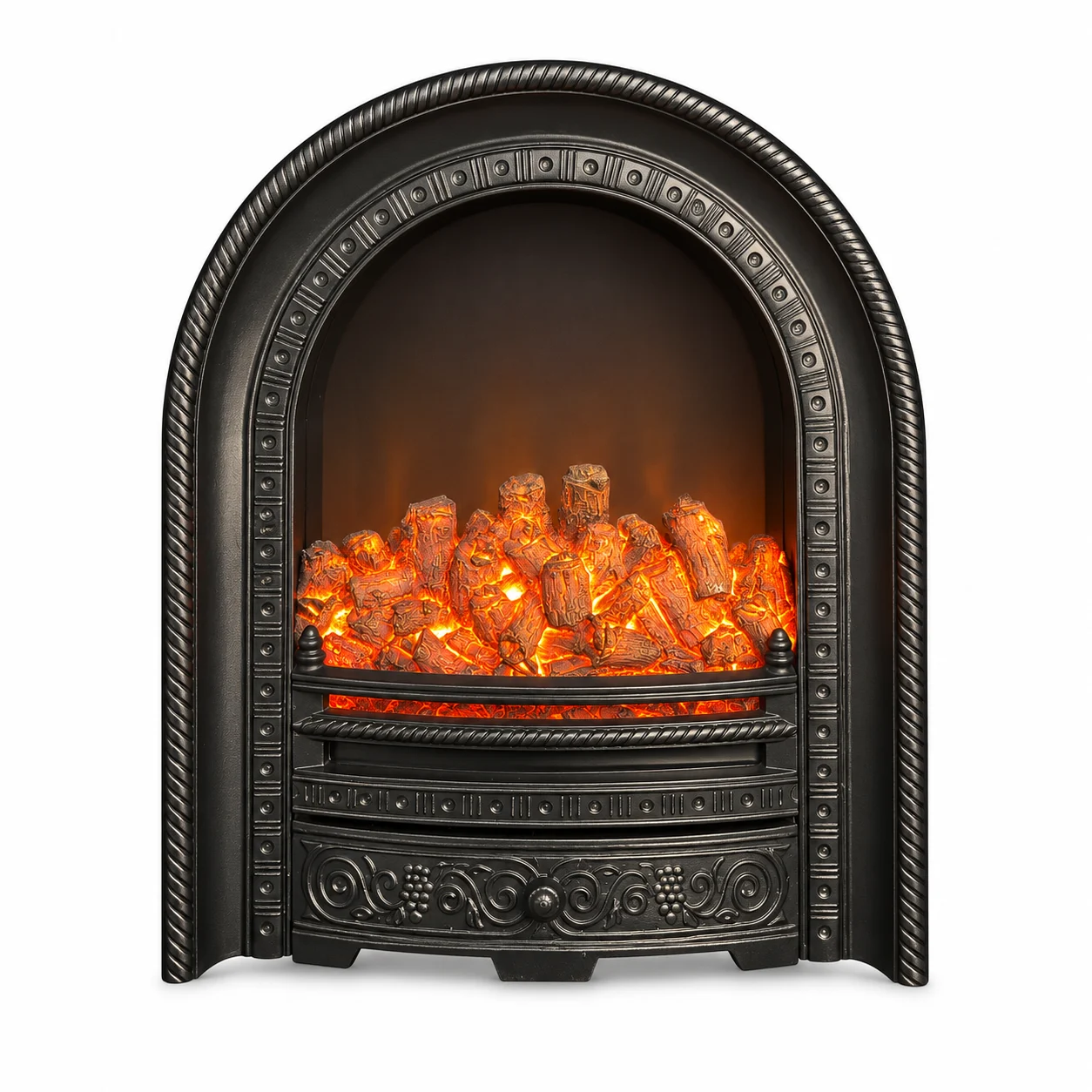 TLB-008-3 decorative arch electric fireplace insert, front product view on white
