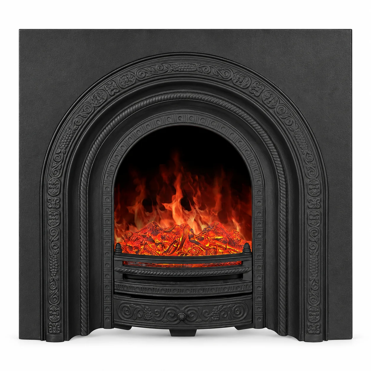 TLB-008 black arched electric fireplace insert, front product view on white
