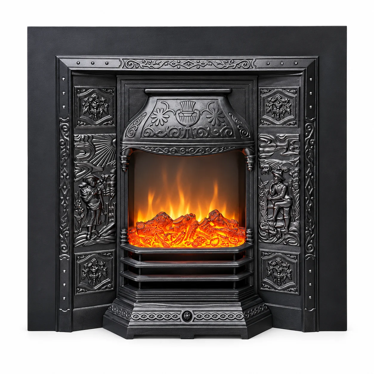 TLB-001 ornate black electric fireplace insert, front product view on white