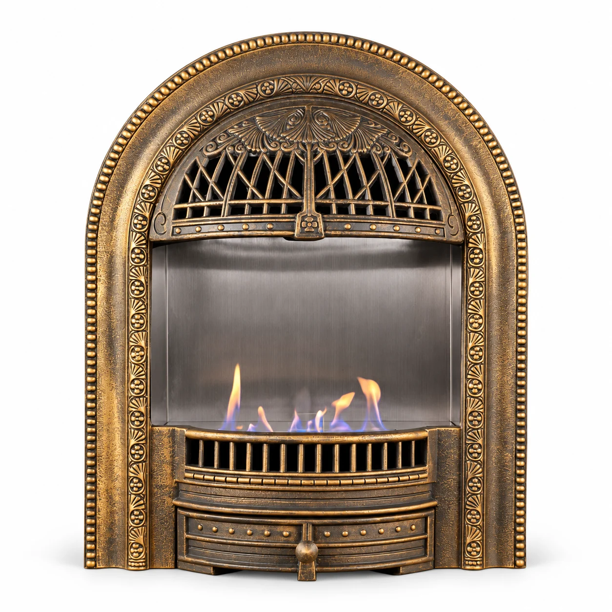 TLB-99B-5 gold-tone birdcage ethanol fireplace, front product view on white