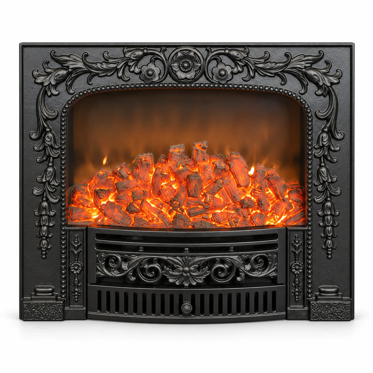 TLB-99B-2A floral-relief electric fireplace insert, front product view on white