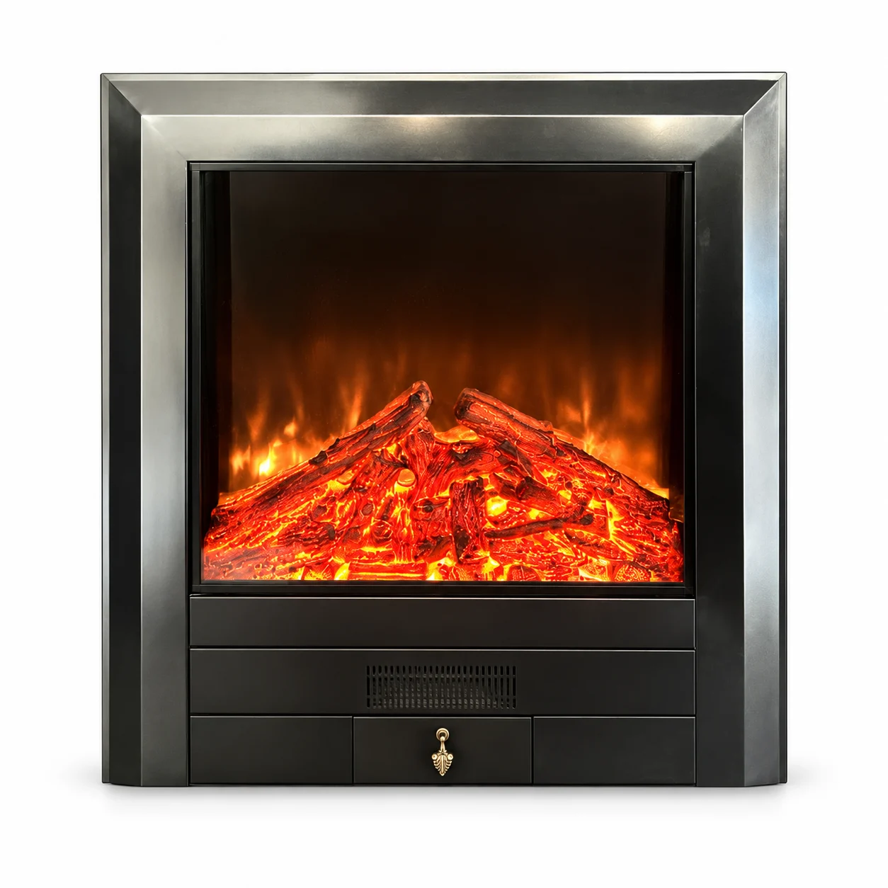 TLB-99A-15 silver-trim electric fireplace insert, front product view on white