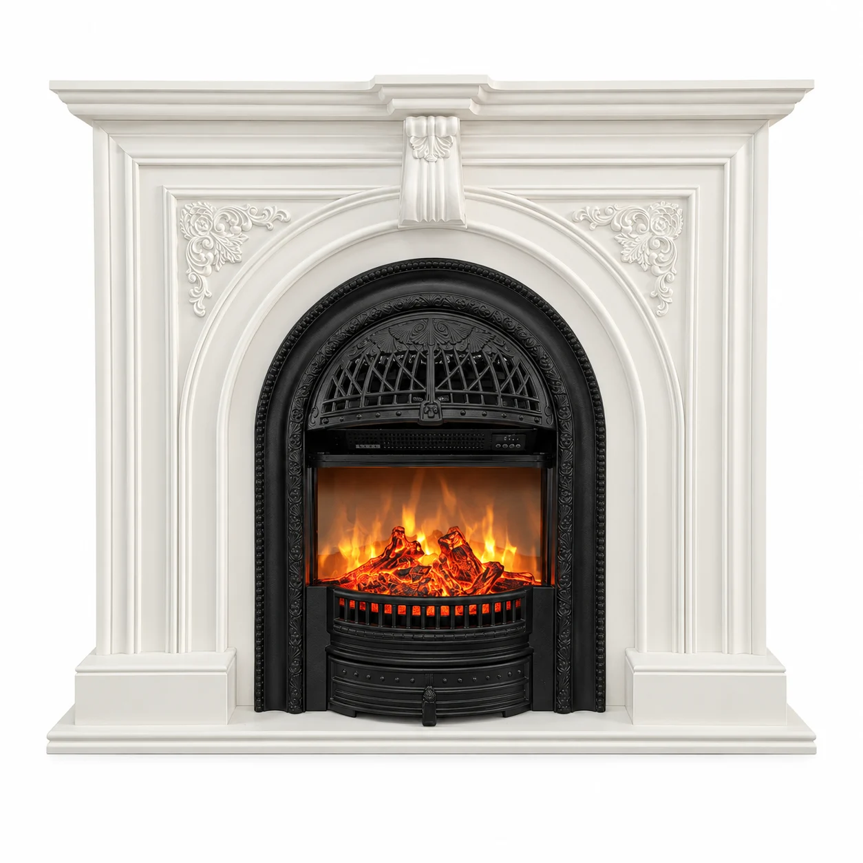 XZ-BLJ-022 white birdcage mantel electric fireplace, front product view on white