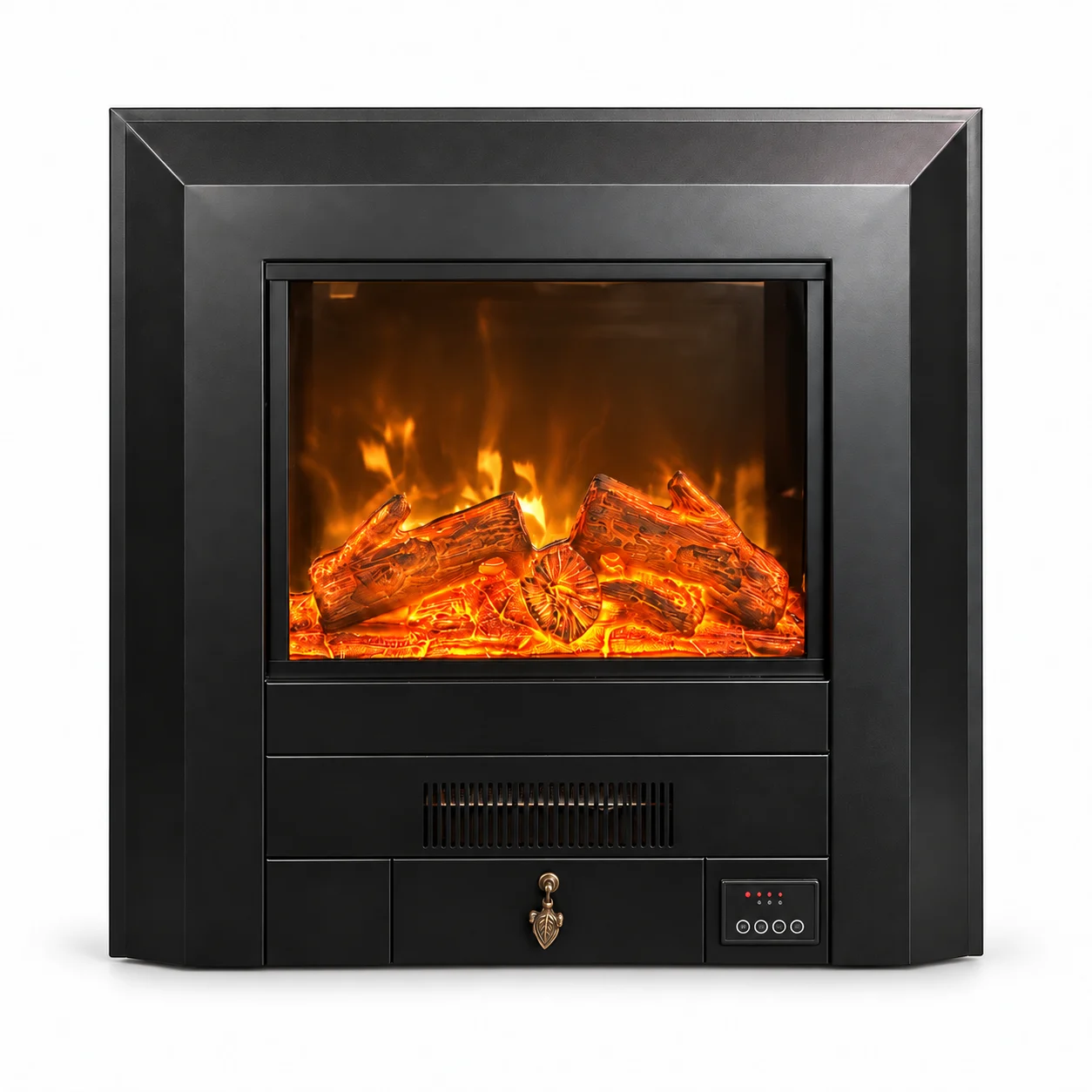 TLB-99A glass-front style electric fireplace insert, front product view on white