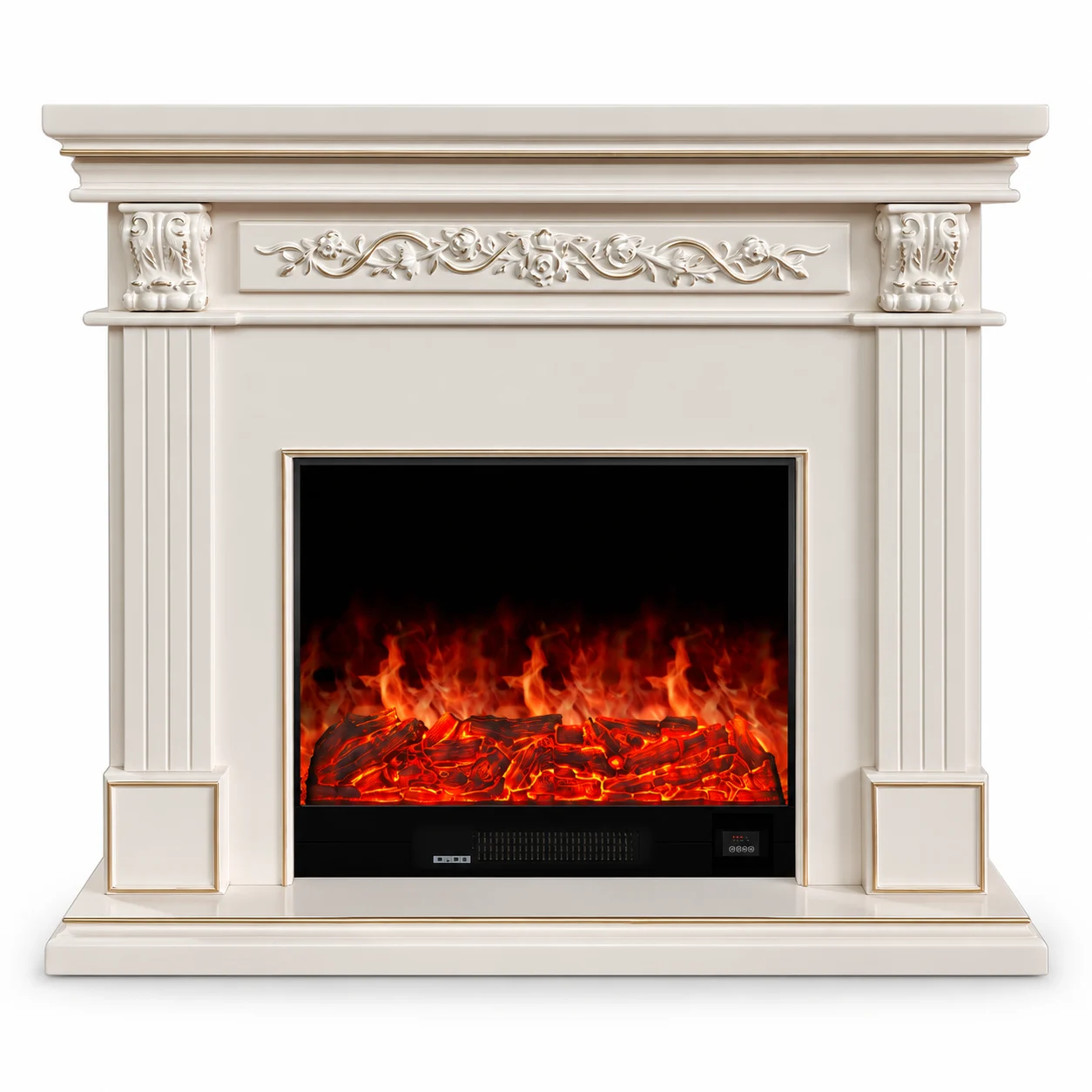 XH-BLJ-017 white scroll-detail mantel electric fireplace, front product view on white