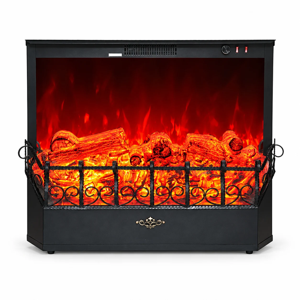 TLB-99A-9 scroll-grate electric fireplace insert, front product view on white
