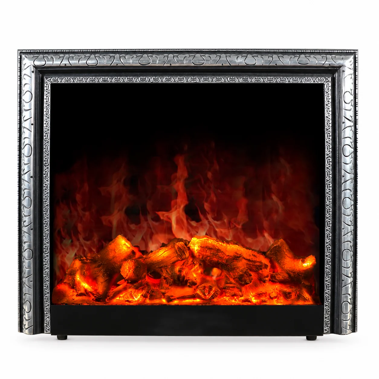TLB-99B-2 silver-pattern electric fireplace insert, front product view on white