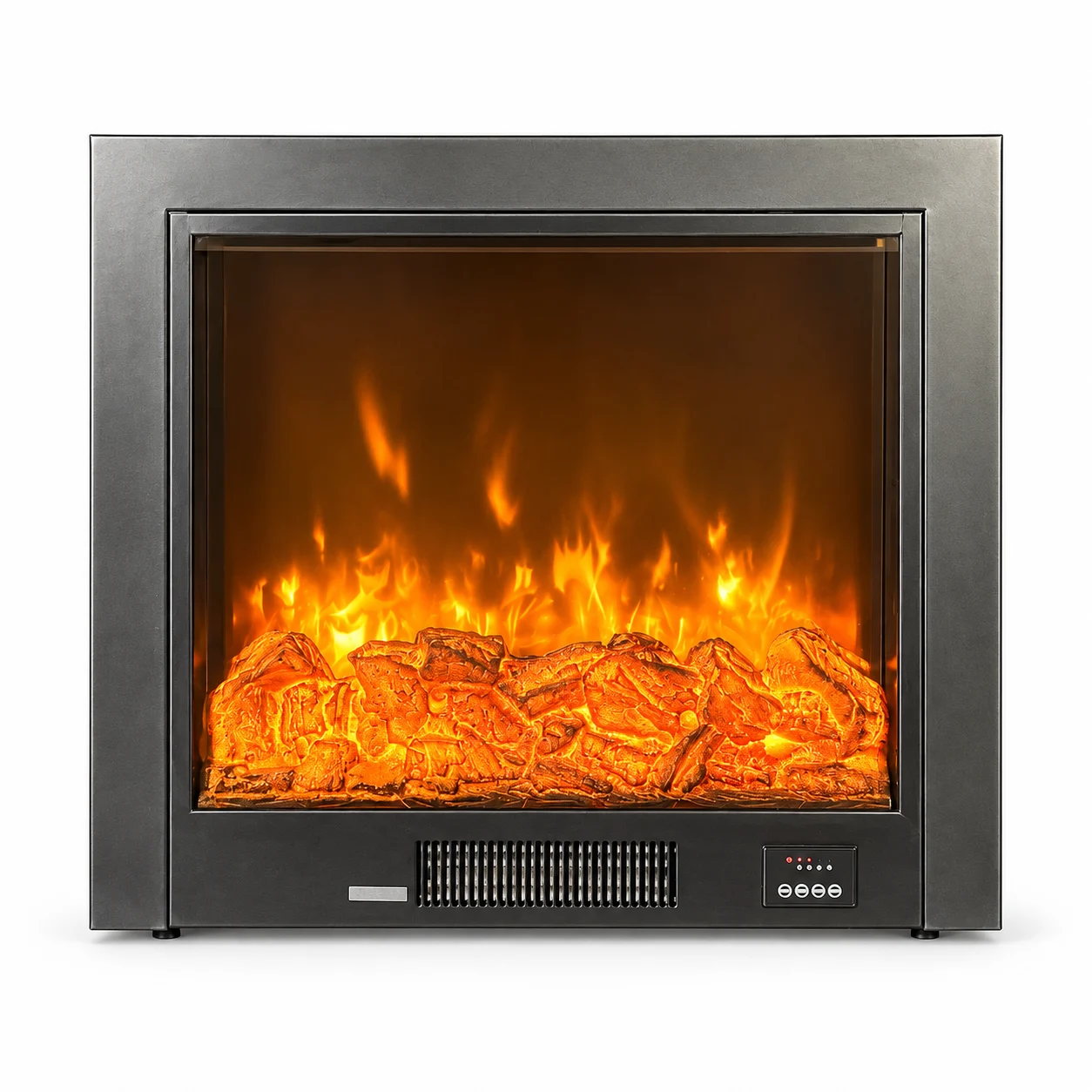TLB-AB-J silver-frame electric fireplace insert, front product view on white
