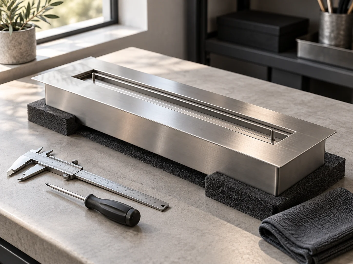 AI-generated scene of a stainless-steel burner and service tools on a workbench