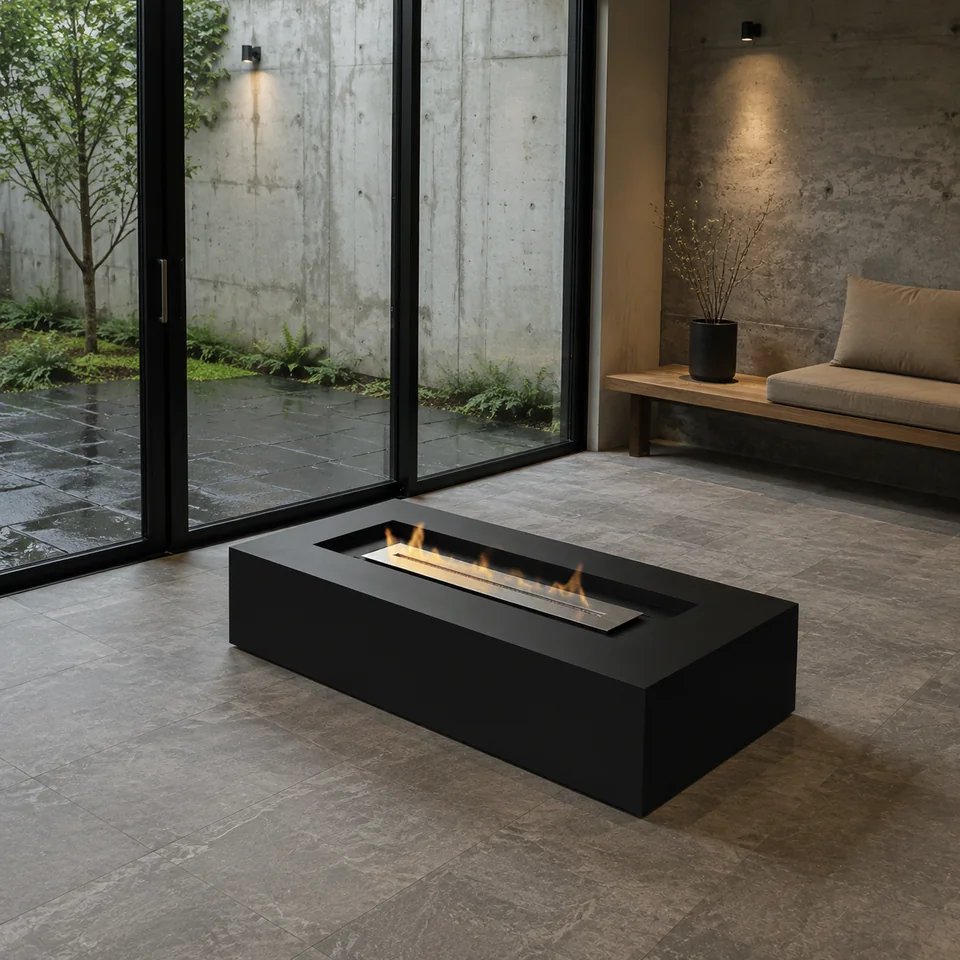 Black rectangular fireplace — interior concept · for visual reference