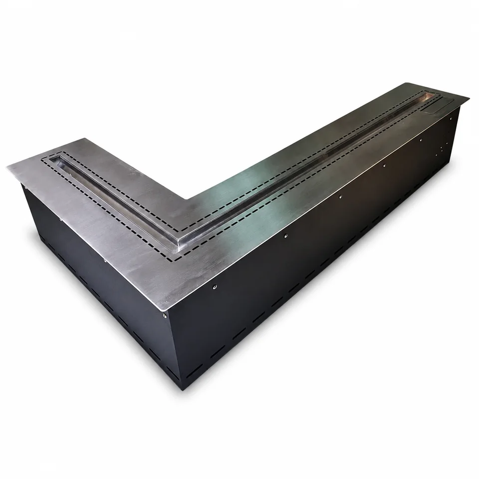 L-shaped SXRX Smart bioethanol corner insert with a silver top following two burner legs above a black body