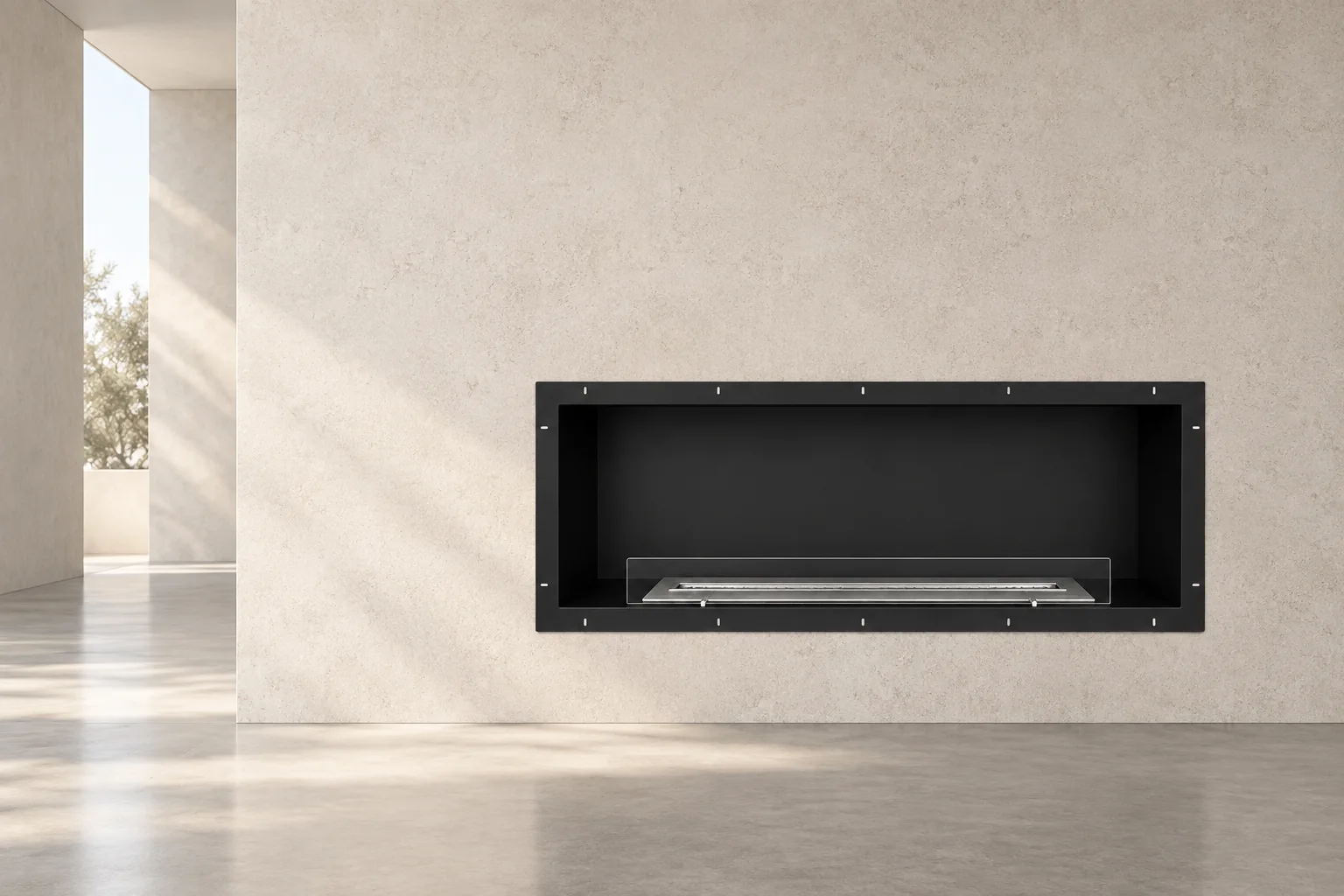 AI-generated design illustration of a black framed fireplace in a pale architectural wall