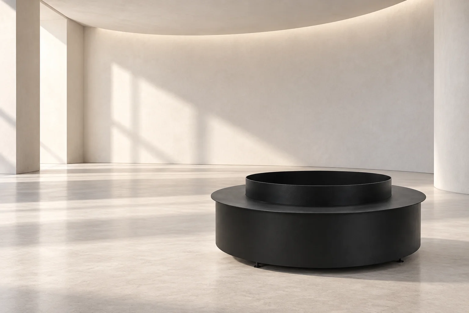 AI-generated design illustration of a black round freestanding fire pit in a pale architectural interior