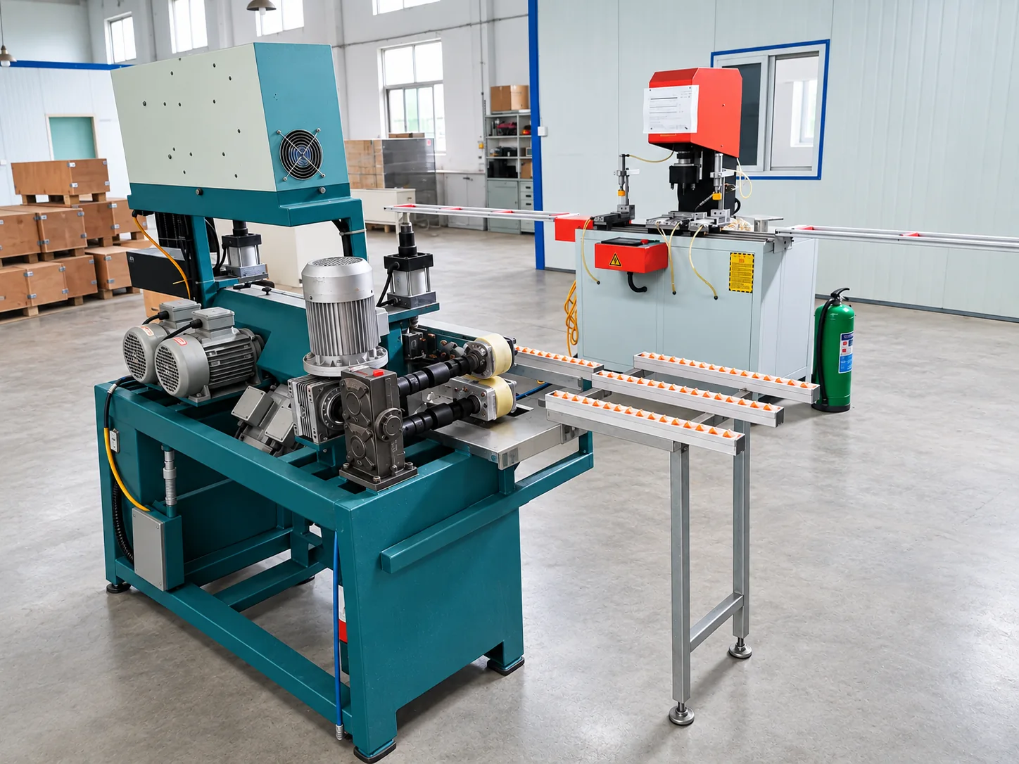 Glass edge grinding machine with motors and roller supports