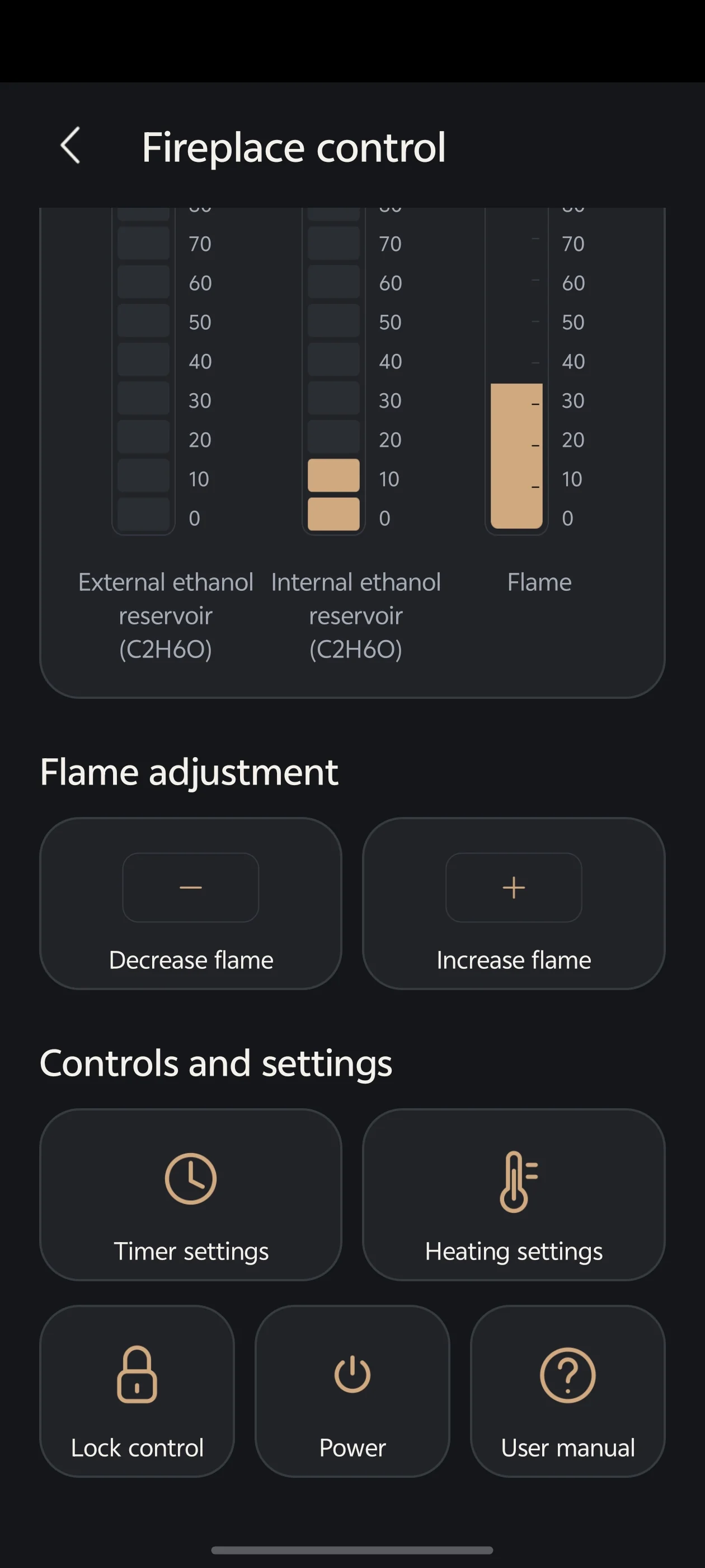 SXKT App flame adjustment and control settings