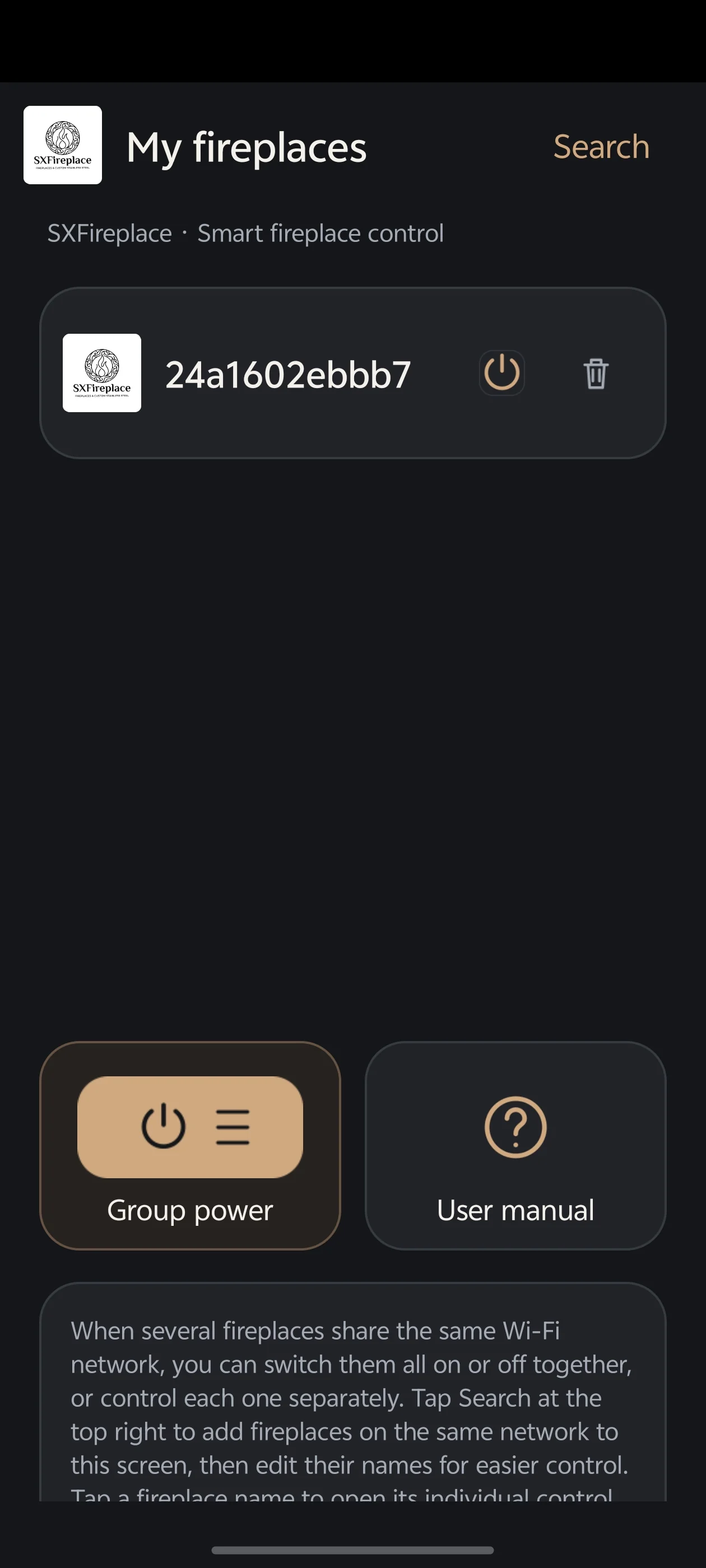 SXKT App fireplace list and group power controls