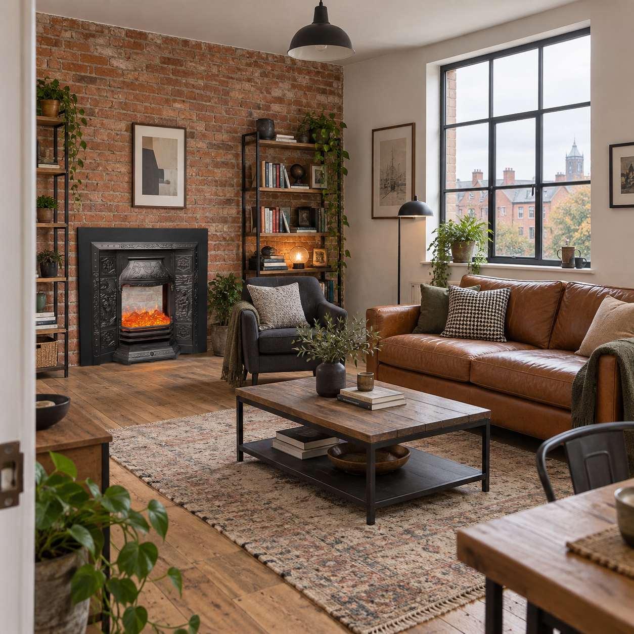 TLB-001 fireplace shown in an exposed-brick living room with leather-tone seating and a patterned rug; illustrative room scene