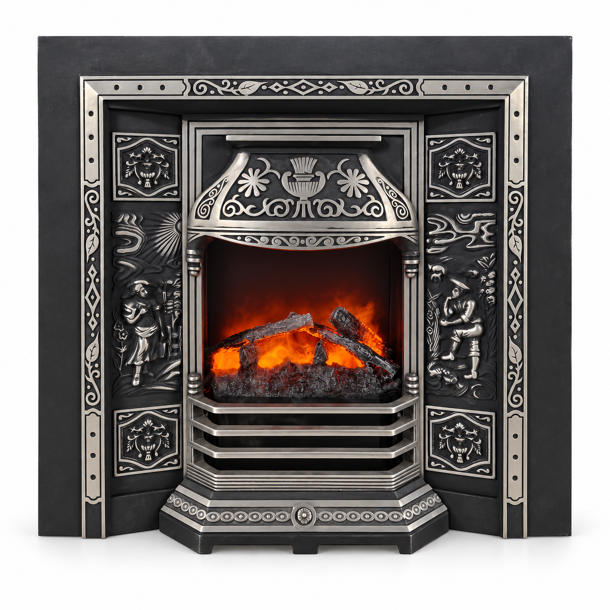 TLB-001 silver-detail water vapor fireplace insert, front product view on white