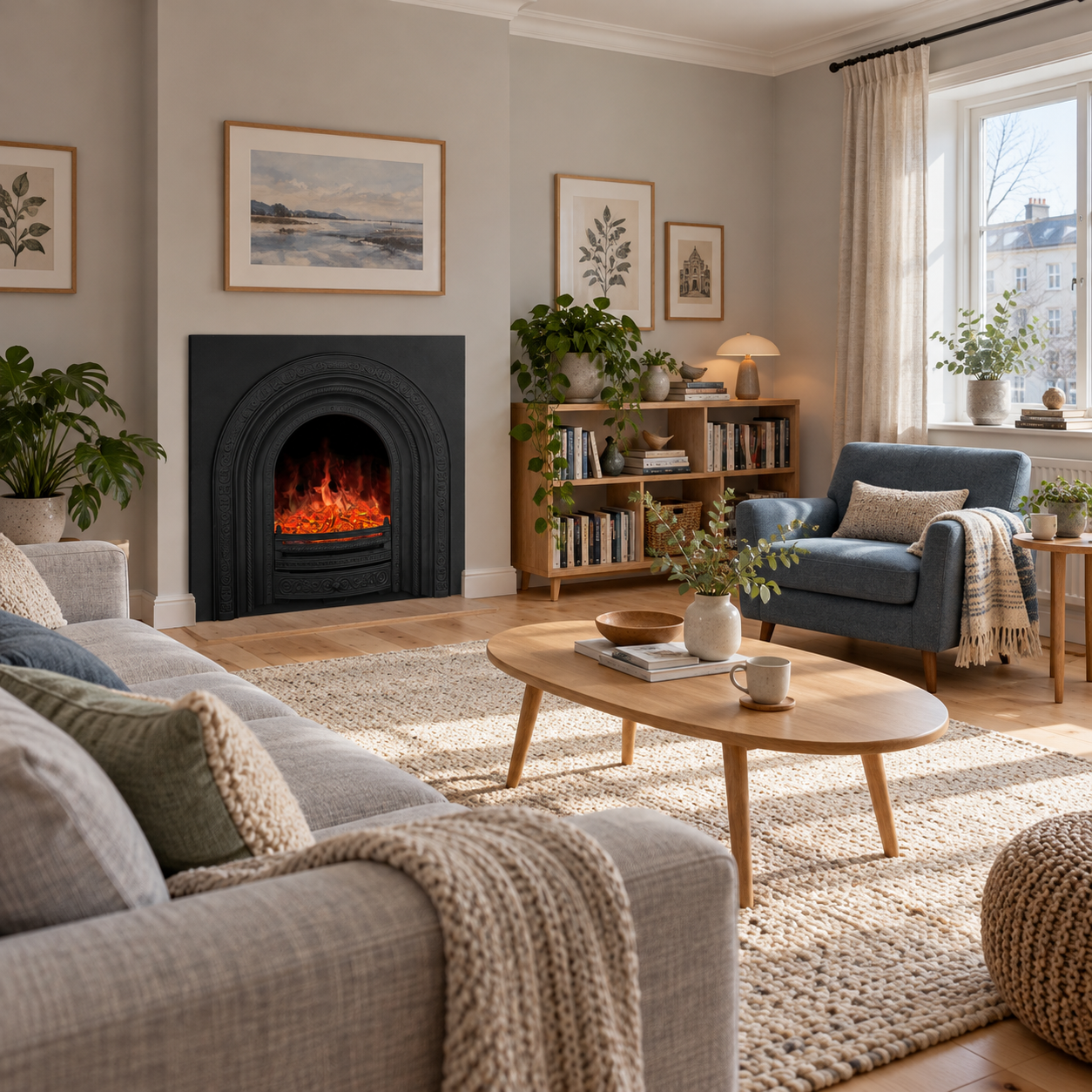 TLB-008 fireplace shown in a bright room with blue seating, a pale rug and light wood tables; illustrative room scene