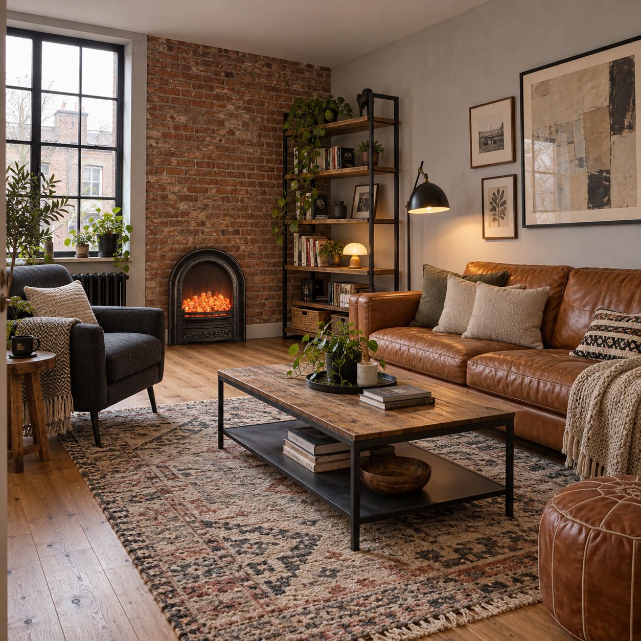TLB-008-3 fireplace shown in a brick-accent room with a leather-tone sofa, bookcases and patterned rug; illustrative room scene