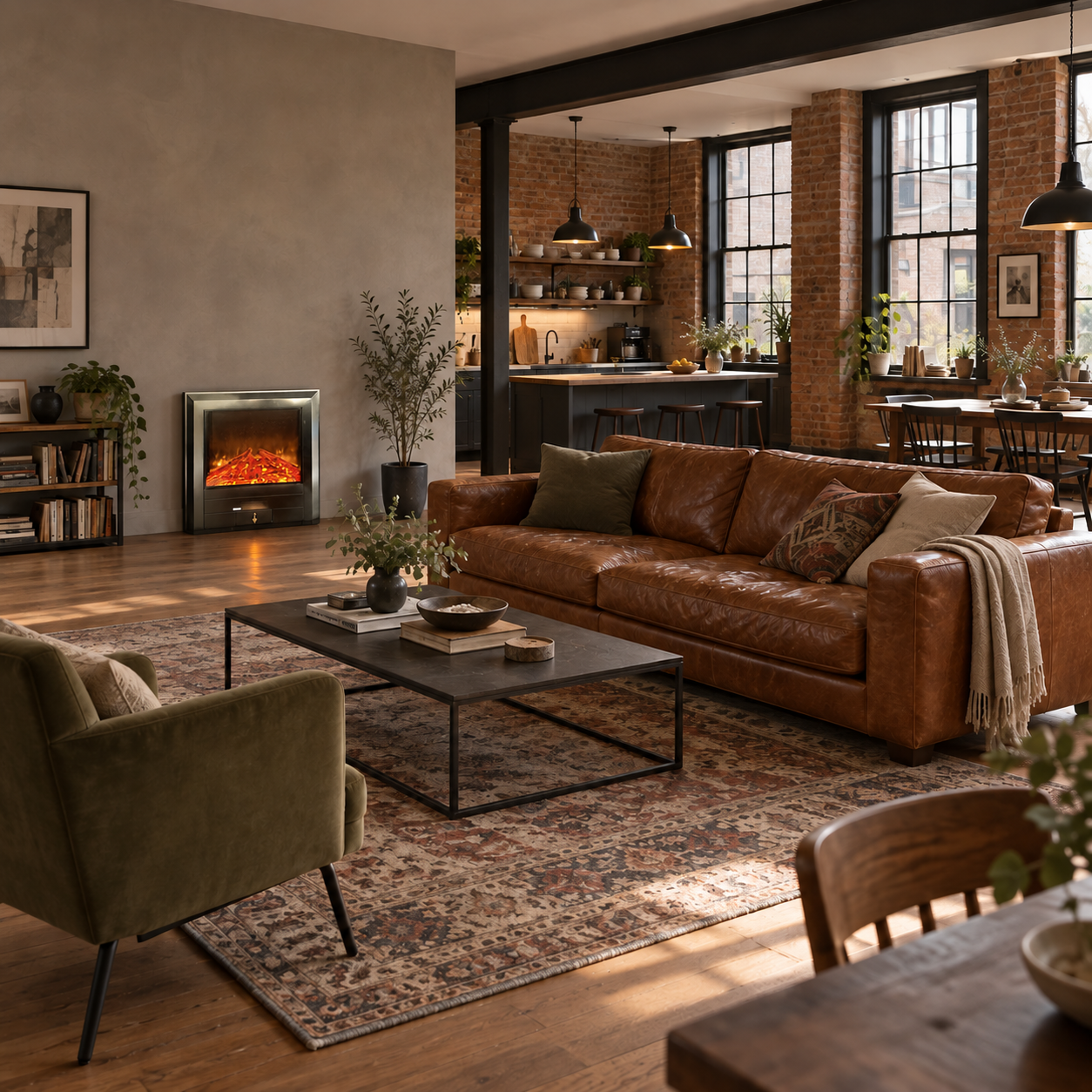 TLB-99A-15 fireplace shown in a loft-style scene with brickwork, tall windows and leather-tone seating; illustrative room scene