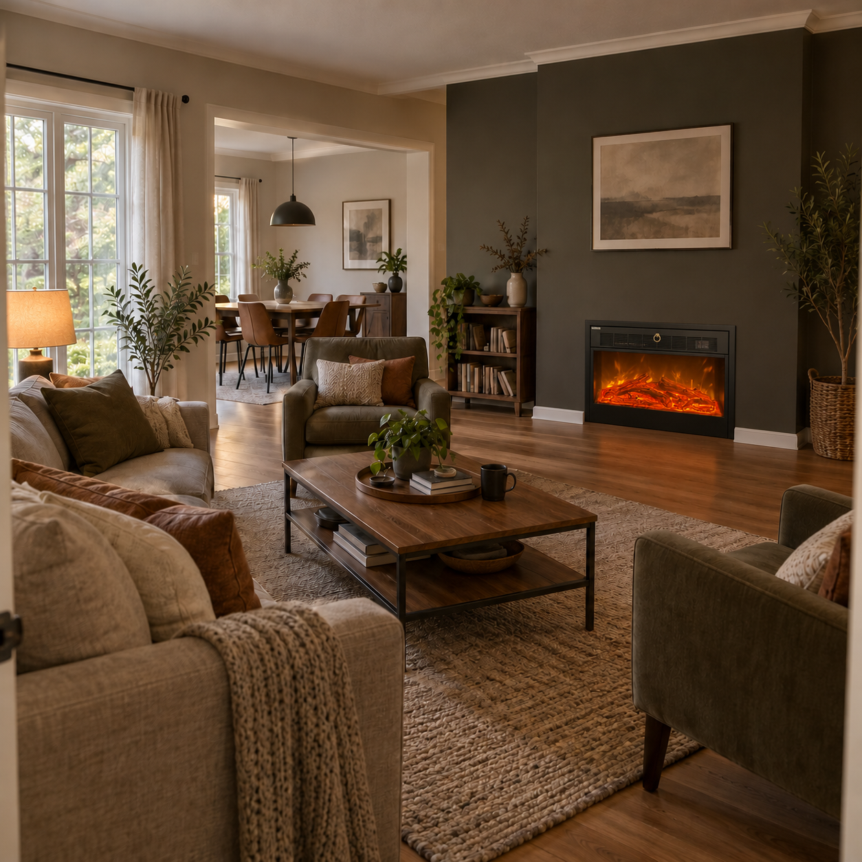 TLB-99A-1 fireplace shown in a darker accent-wall room with leather-tone seating and a large framed print; illustrative room scene