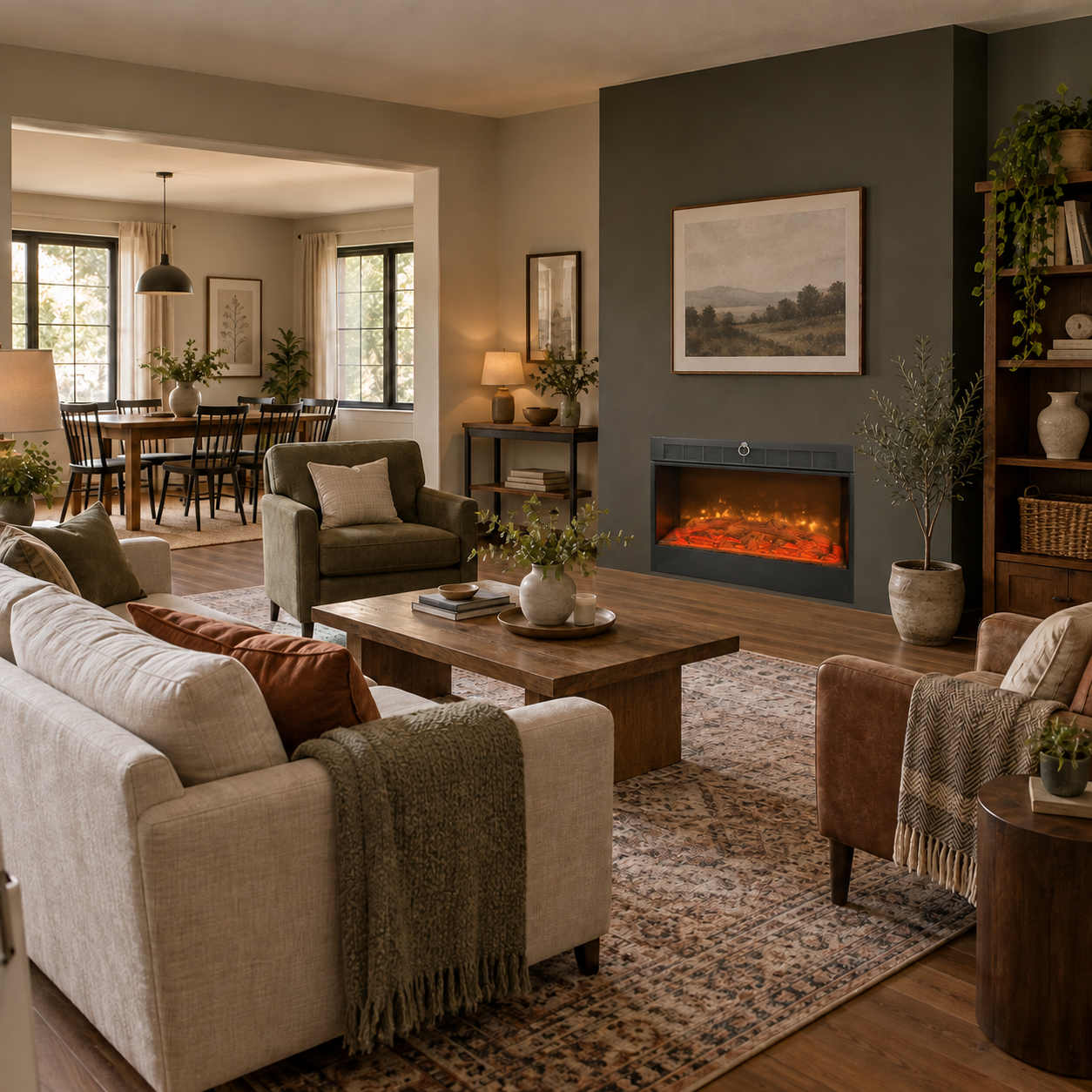 TLB-99A-2 fireplace shown in an open-plan scene with cream upholstery, a patterned rug and a dark feature wall; illustrative room scene