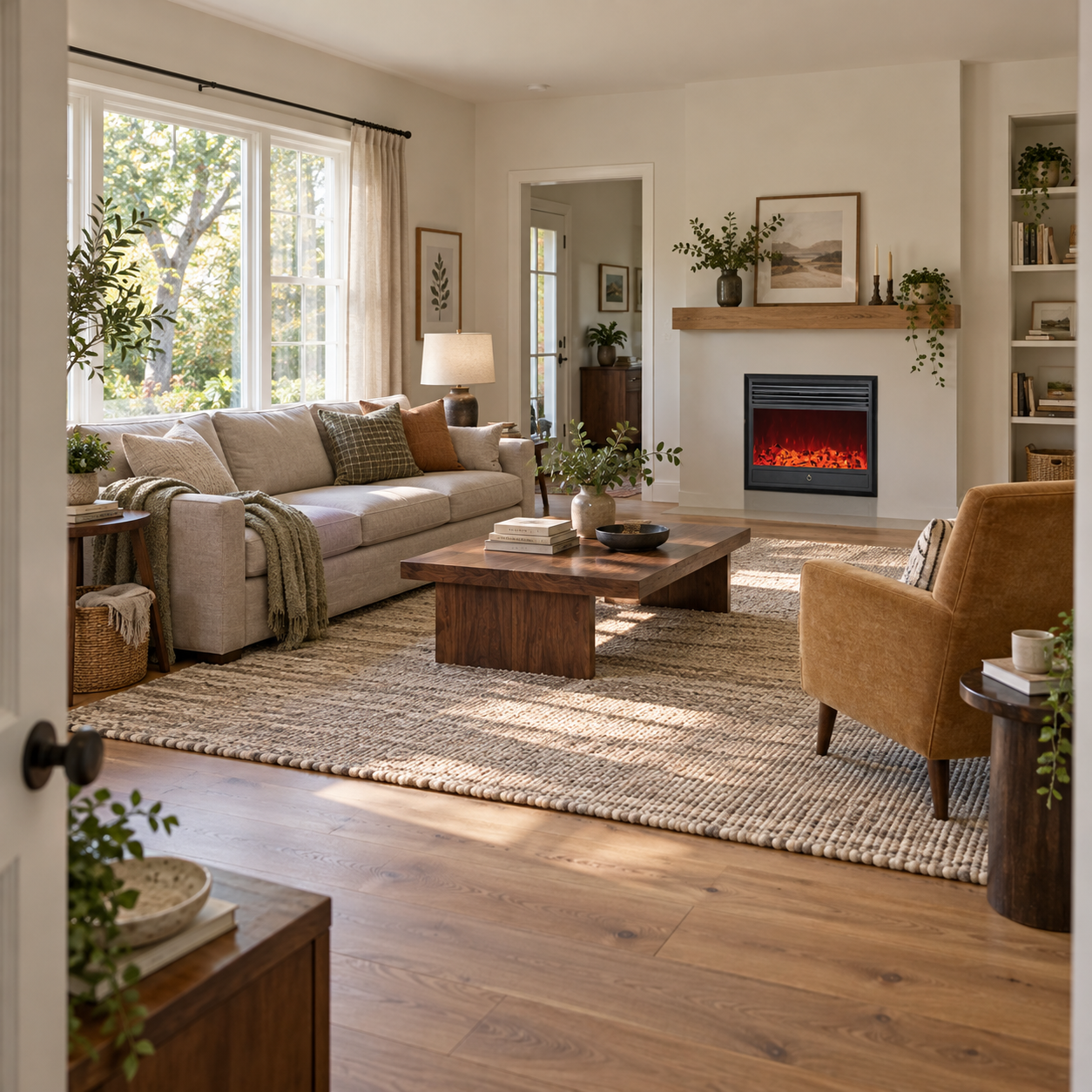 TLB-99A-7 fireplace shown in a light-filled room with cream seating, a mustard chair and woven textures; illustrative room scene