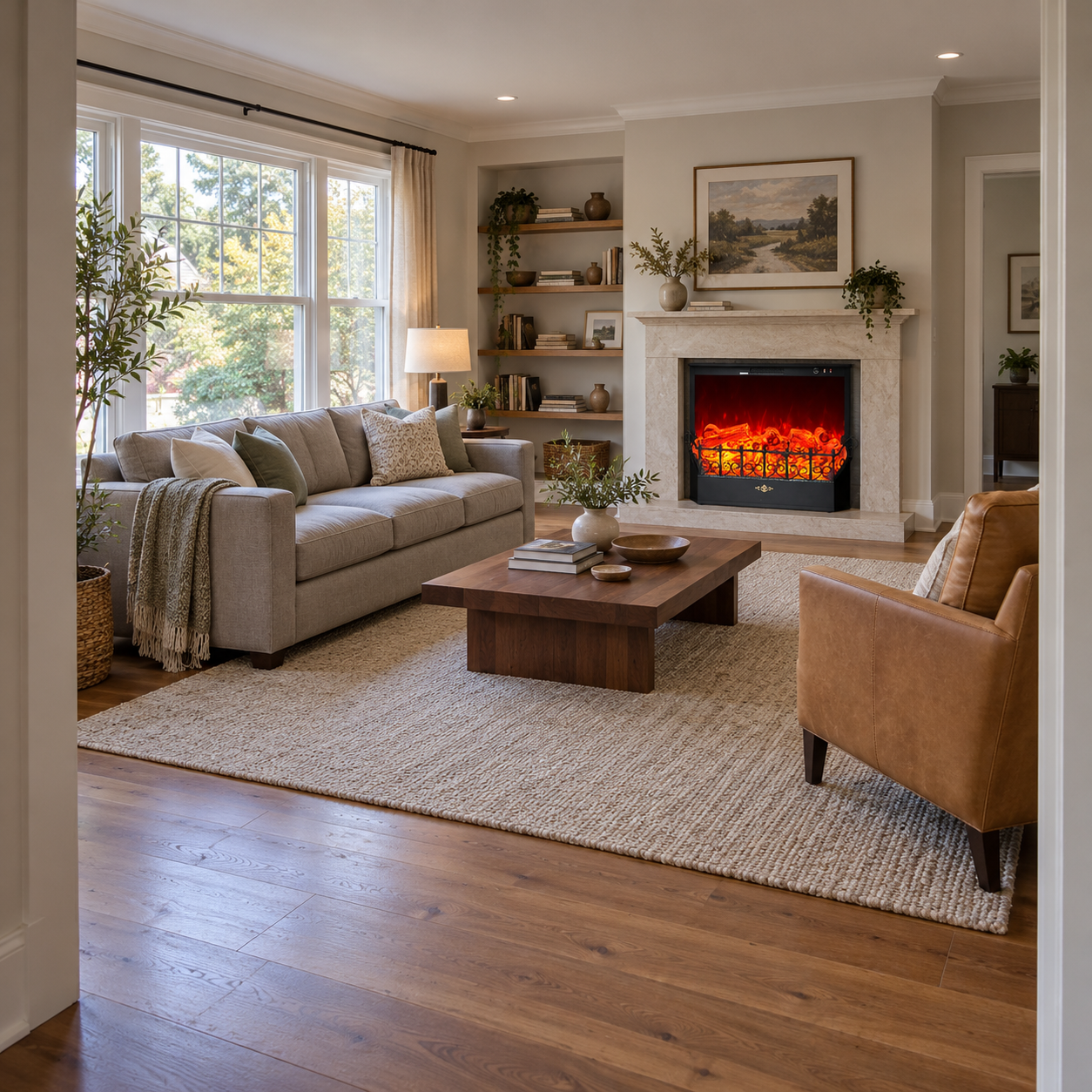 TLB-99A-9 fireplace shown in a bright sitting room with built-in shelves, pale upholstery and a wood table; illustrative room scene