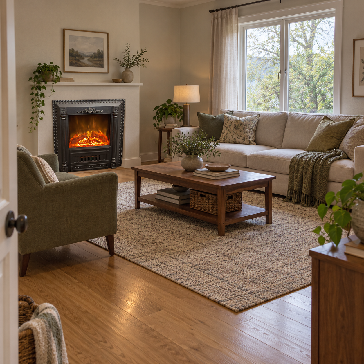 TLB-99AL fireplace shown in a bright neutral lounge with a broad wood table and soft woven textiles; illustrative room scene