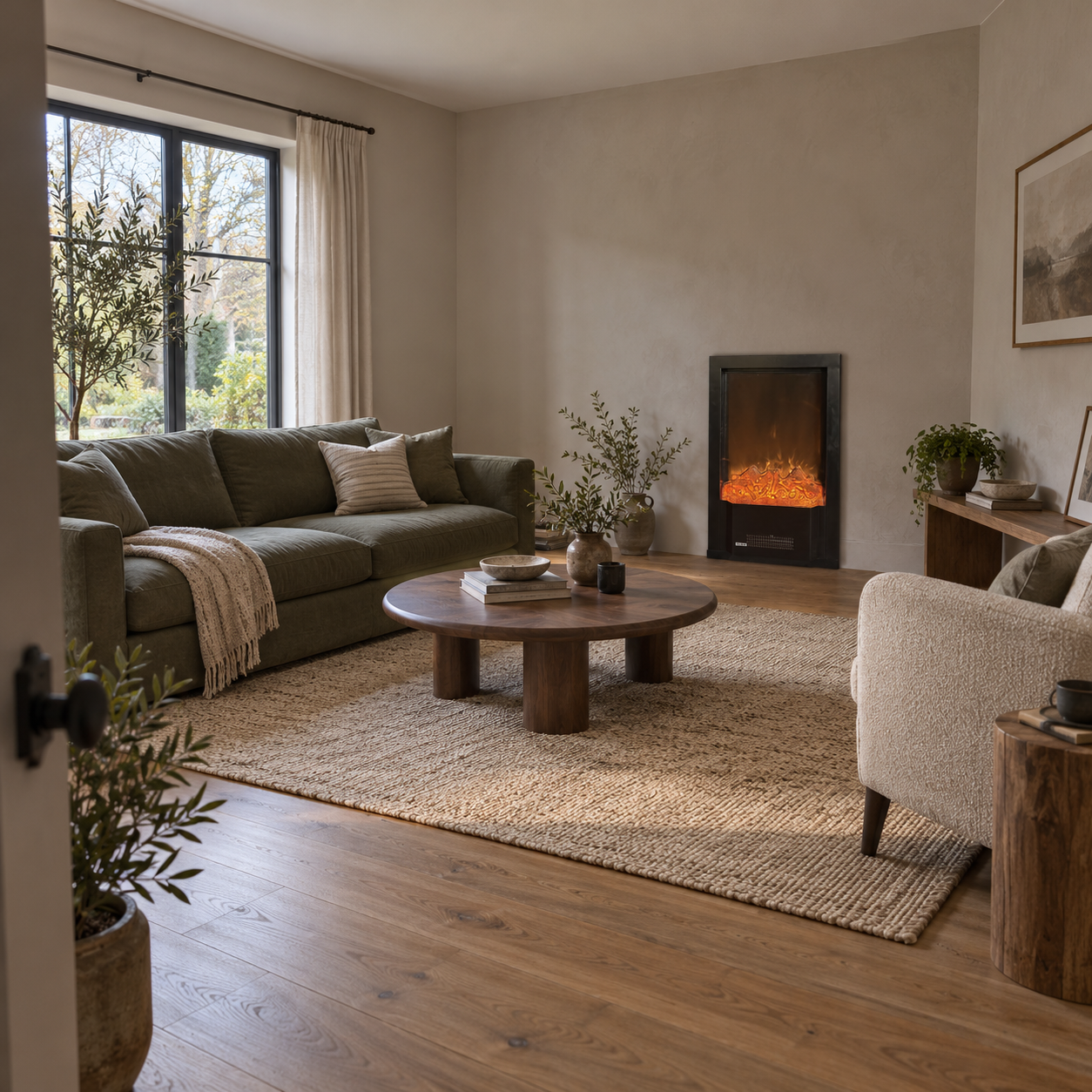 TLB-99B-10 fireplace shown in a pale neutral room with low seating and round wood furniture; illustrative room scene