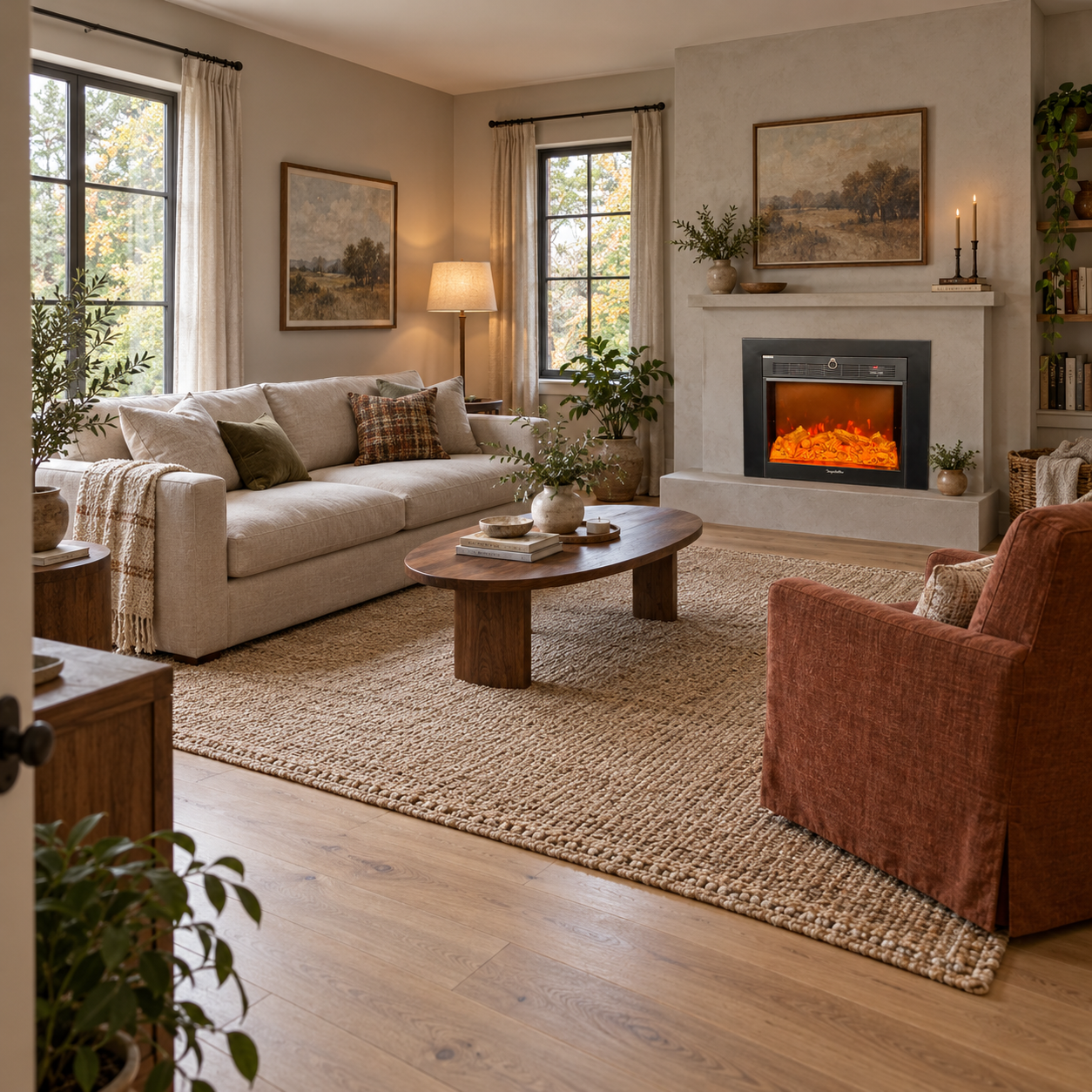 TLB-99B-2 fireplace shown in a neutral room with a rust-toned chair and a textured rug; illustrative room scene