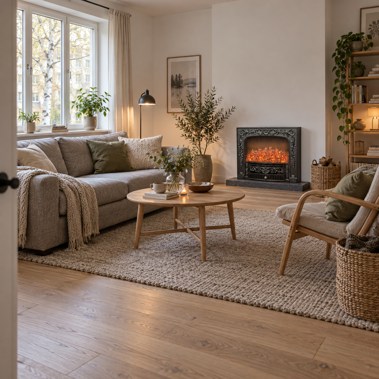 TLB-99B-2A fireplace shown in a pale room with a low round table, grey sofa and woven textures; illustrative room scene