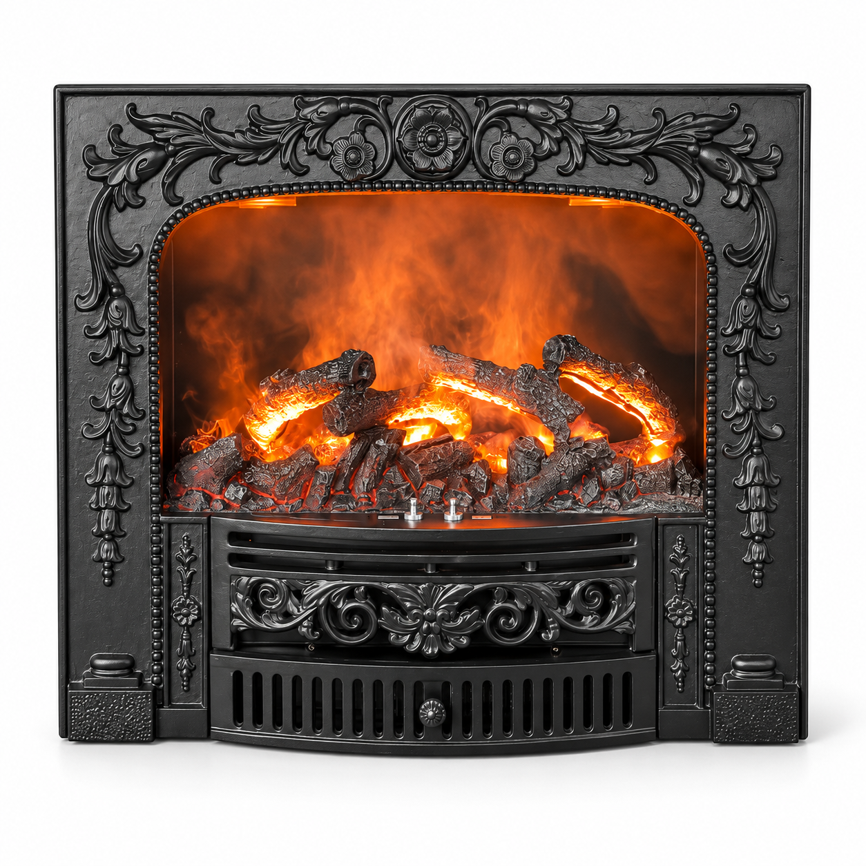 TLB-99B-2A floral-relief water vapor fireplace insert, front product view on white
